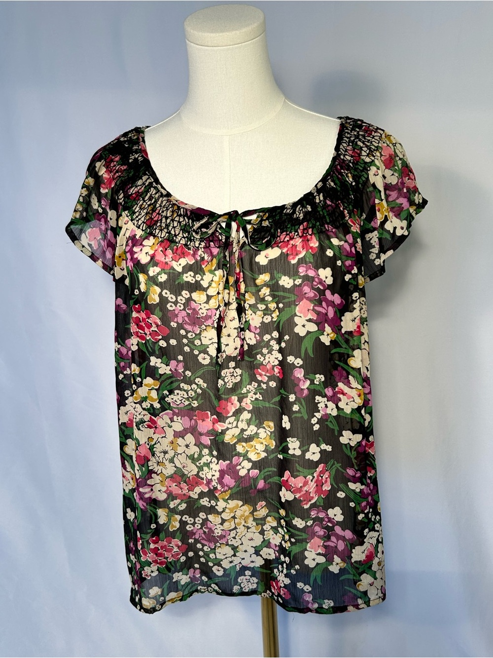 Black Floral Smocked Neck Blouse Boho Cottagecore Dark Whimsy Size Medium
